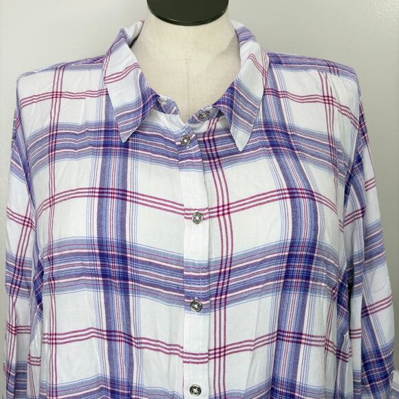 Catherines Plus Size 4X Top Plaid Button Up Roll Tab Sleeve Classic Soft Preppy - Picture 4 of 13